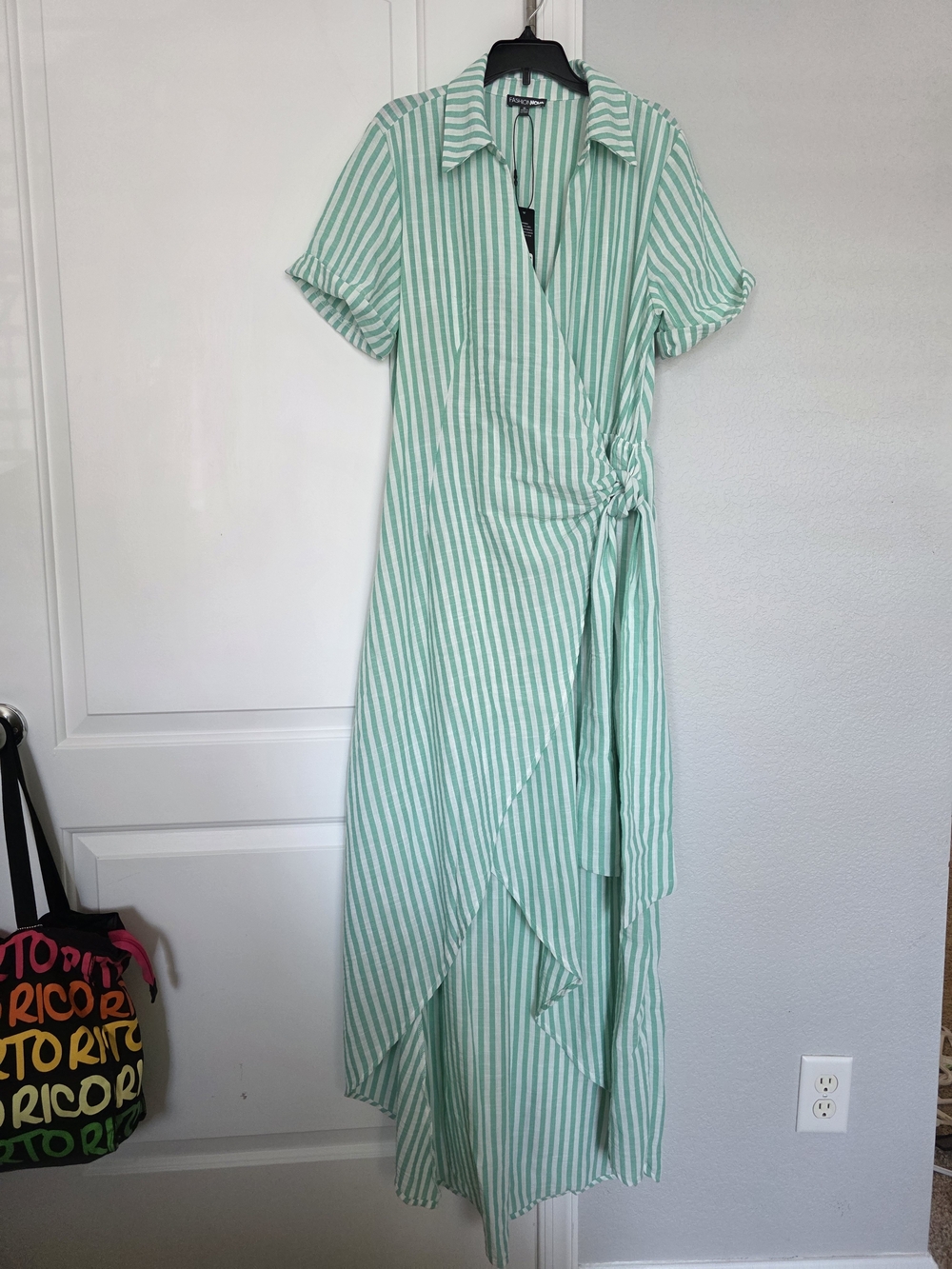 Fashion Nova Mint Green & White Striped Wrap High-Low Dress
